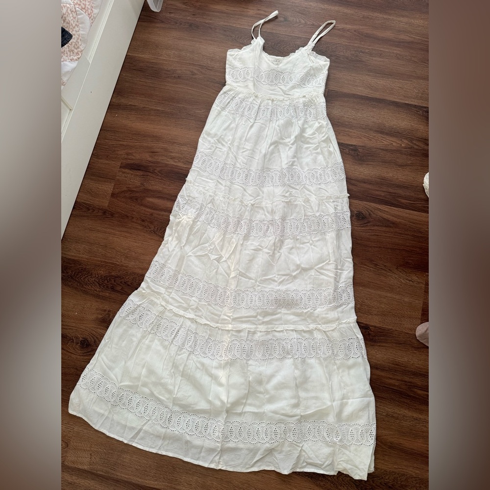White Beachy Maxi Dress with Ruffle and Crochet Detailing